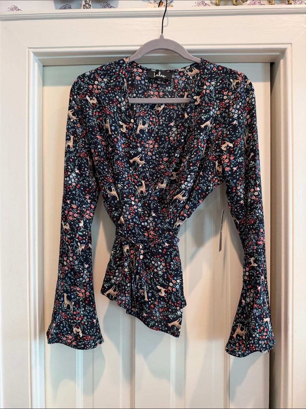 Lulu's Navy Floral & Deer Wrap Blouse